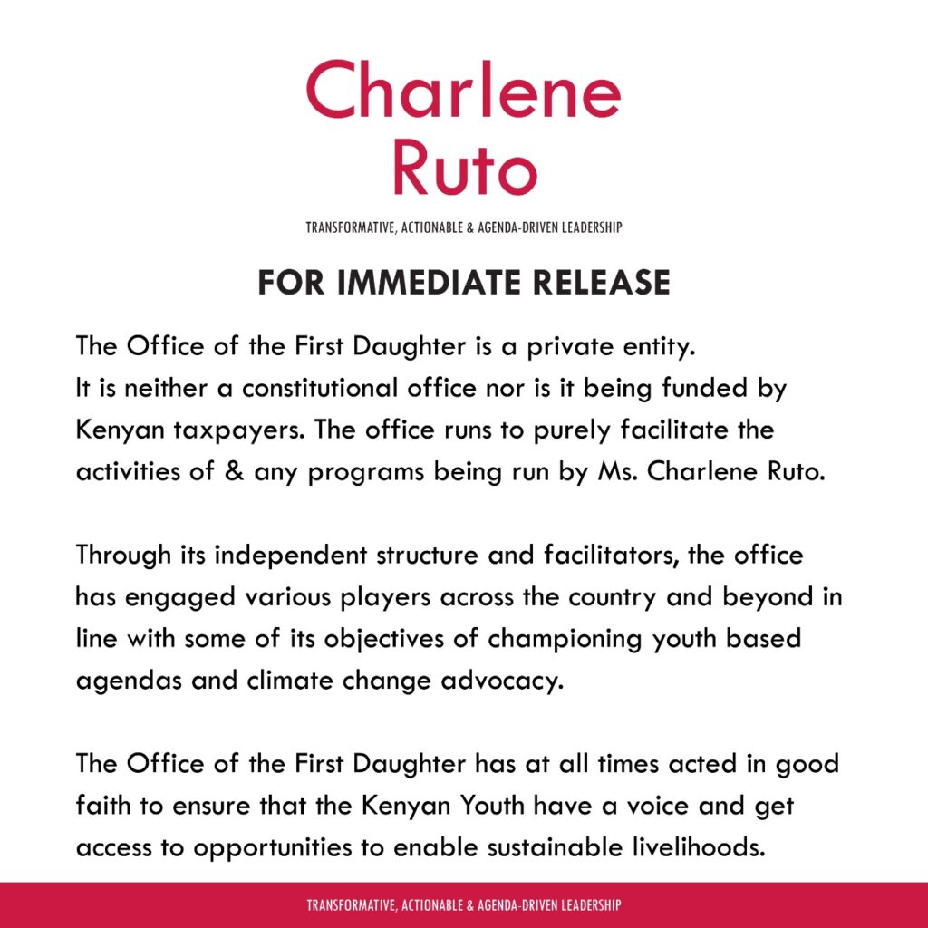 Kenyan President’s Daughter, Charlene Ruto Launches “Office Of The First Daughter”