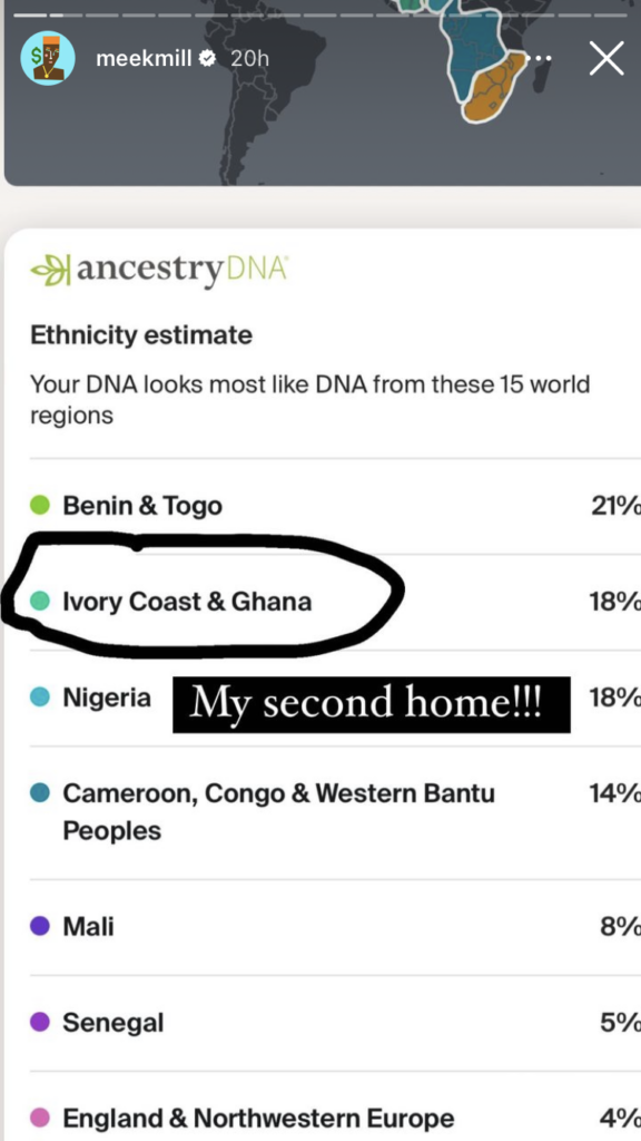 Meek Mill’s Ancestry DNA Results Reveals he is  from Nigeria, Ghana, Ivory Coast, Togo, Cameroon, Benin, Congo amongst others 